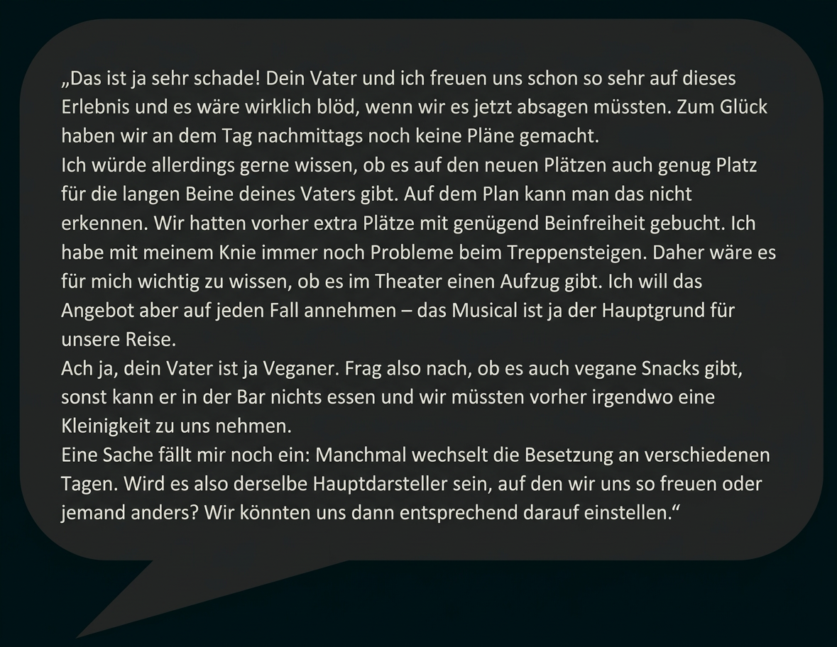 Text in einer Sprechblase mit Fragen zu einem Musicalbesuch und besonderen Bedürfnissen.